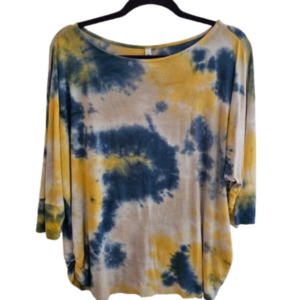Emerald Blue and Yellow Tie-dyed Top With 3/4 Sleeve